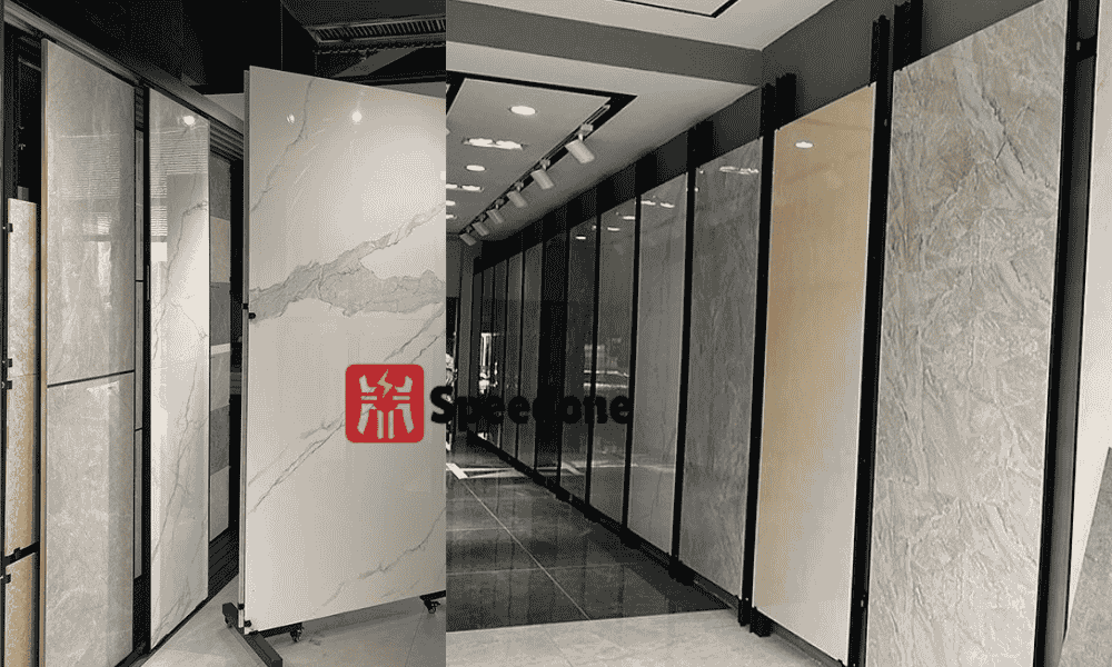 stone slab display rack for showroom and material presentation