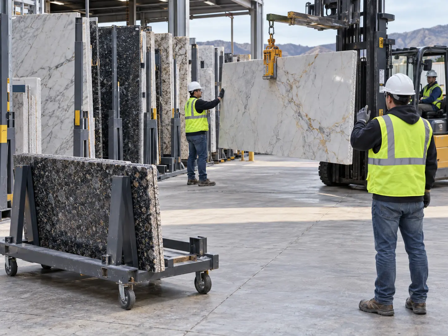 Safe Stone Slab Handling Between Storage Racks Safe Stone Slab Handling Between Storage Racks