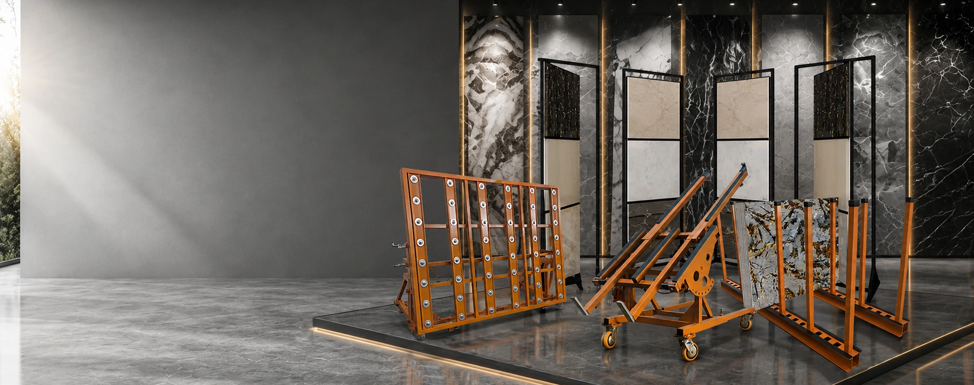 Stone handling equipment used for slab storage, transport and lifting